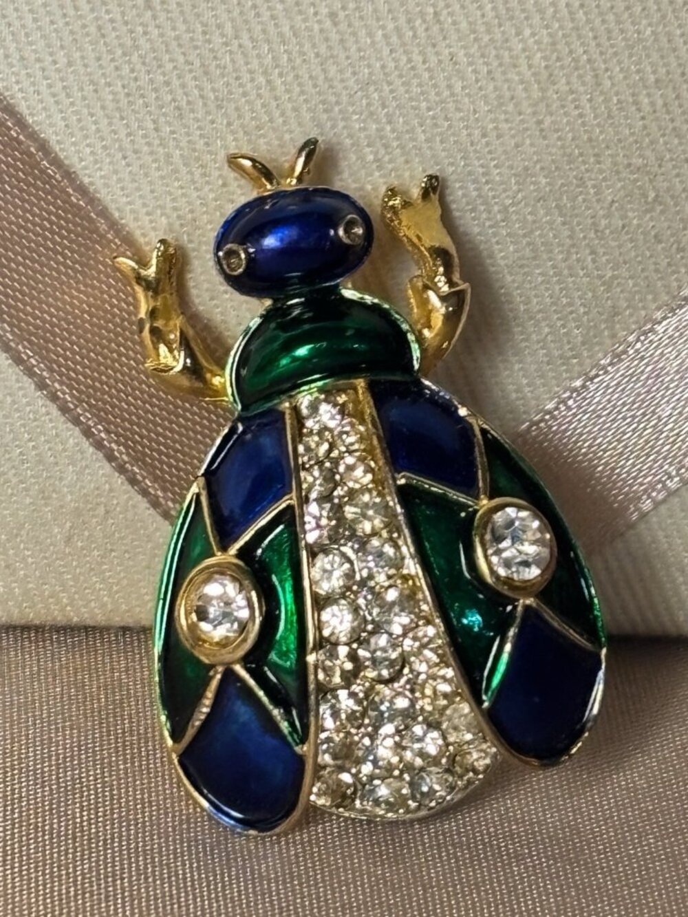 Vintage Gold Plated Green Blue Enamel Rhinestone Bug Brooch Pin Collectible A71